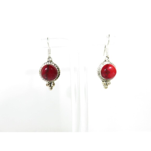 Red Jasper Dangling Earrings Mexico Sterling Silver 1 1/2" Drop French Wire - Picture 2 of 6